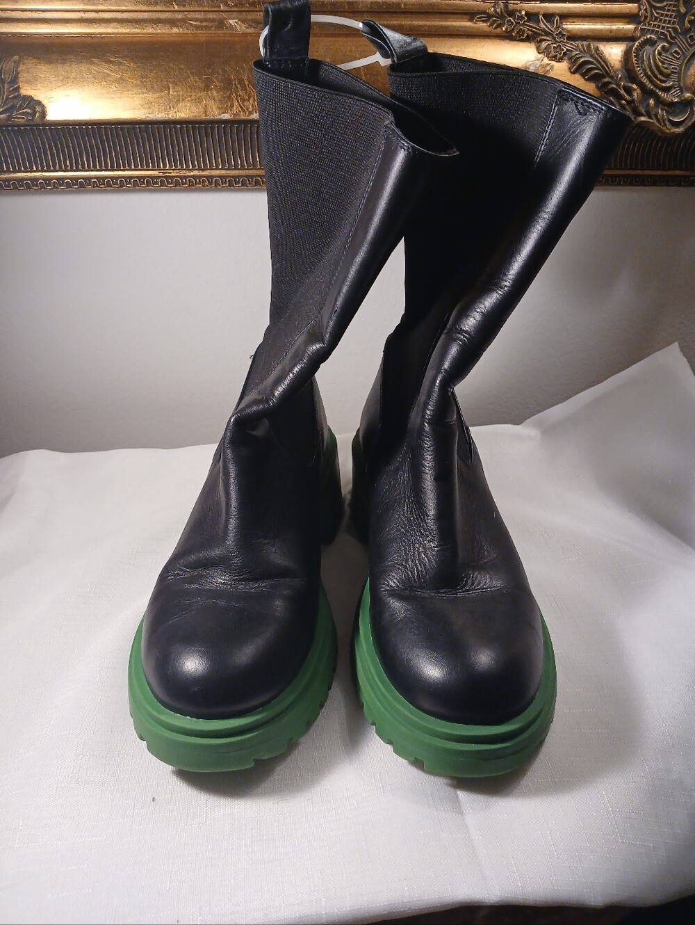 Steve Madden Black Leather Ankle Boots with Green Platform Soles
